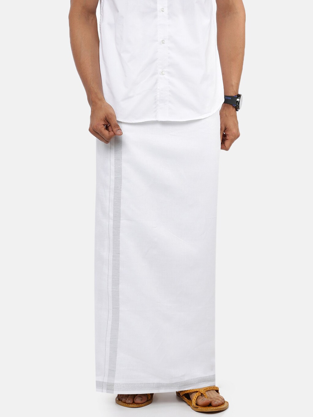 

Ramraj Men Pure Linen Double layer White Dhoti Silver jari border