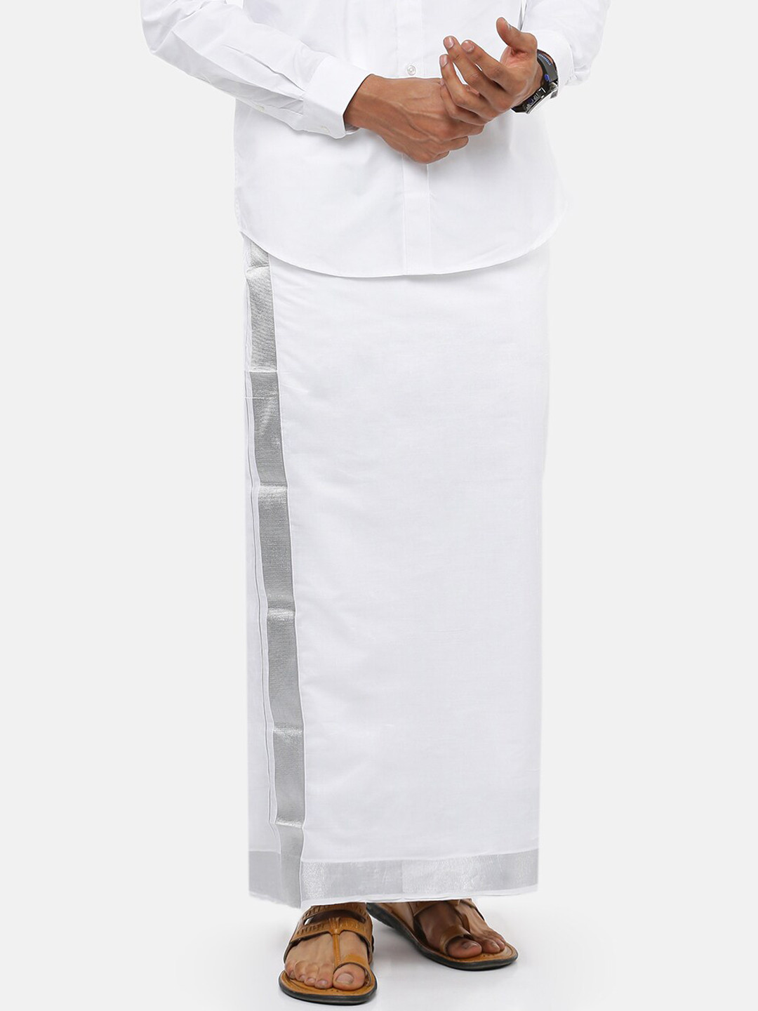 

Ramraj Men Pure Cotton Double layer White Dhoti with Silver jari border