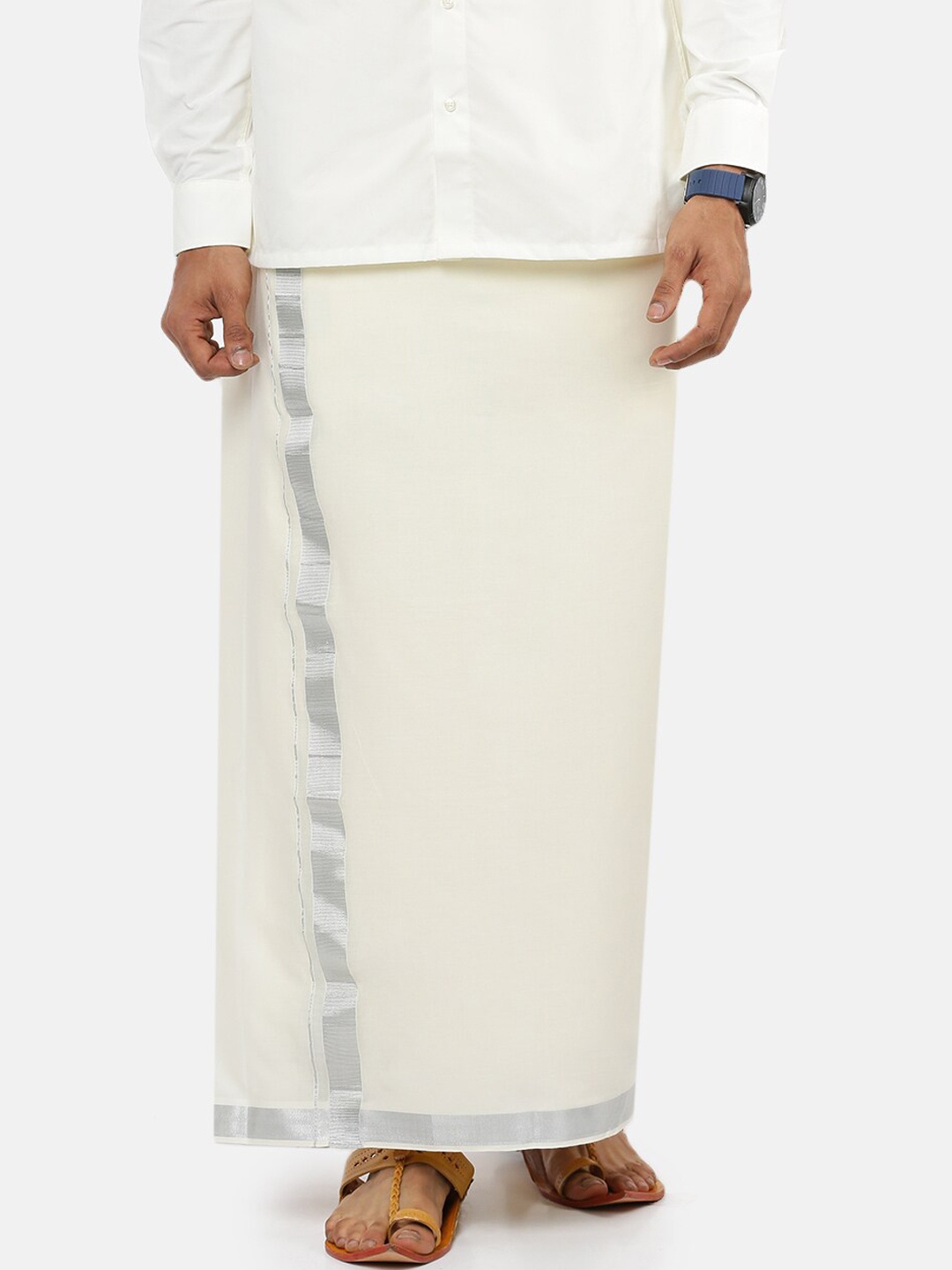 

Ramraj Men Pure Cotton Double layer White Dhoti with Silver jari border, Cream