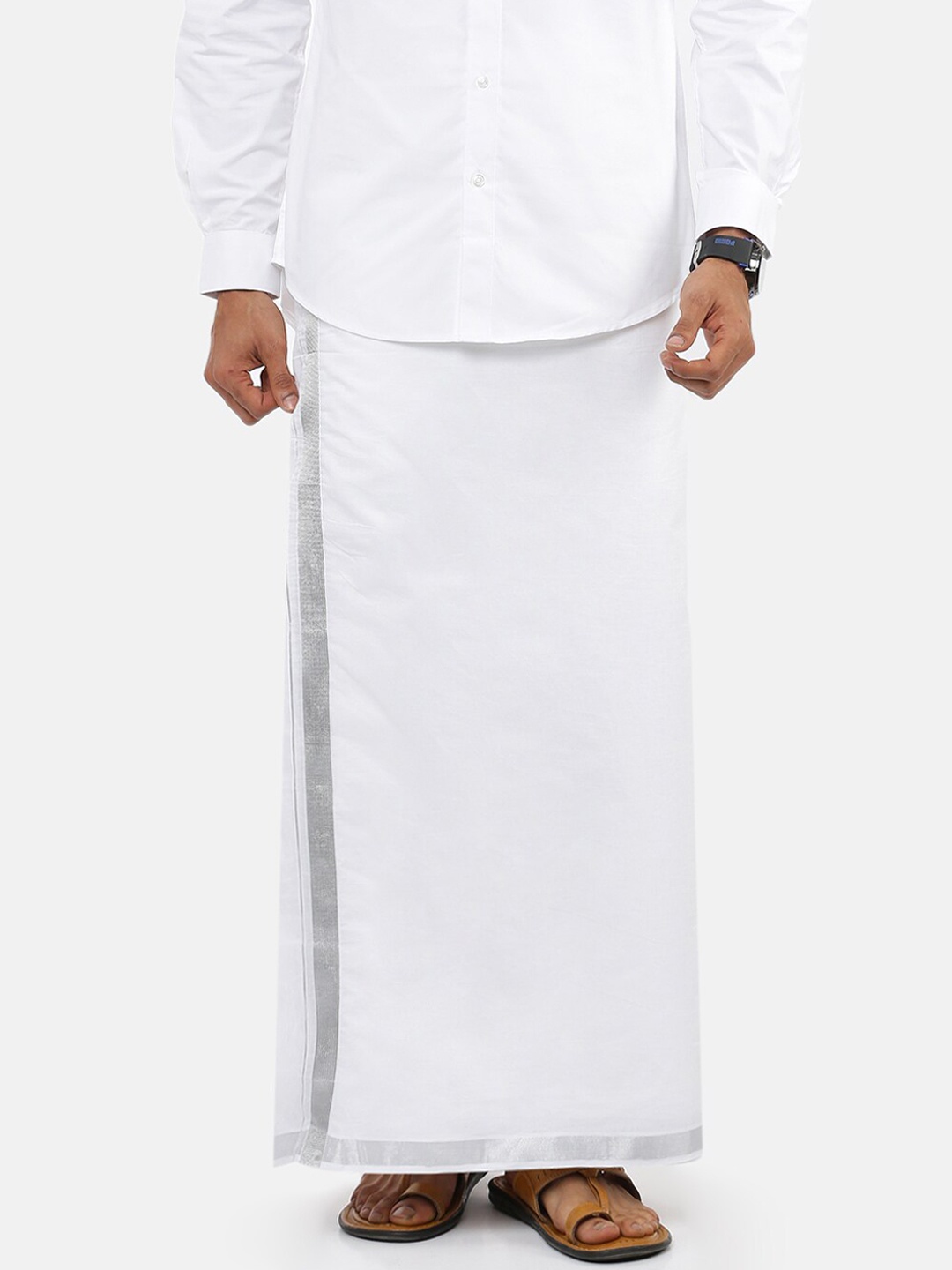 

Ramraj Men Pure Cotton Double layer White Dhoti with Silver jari border