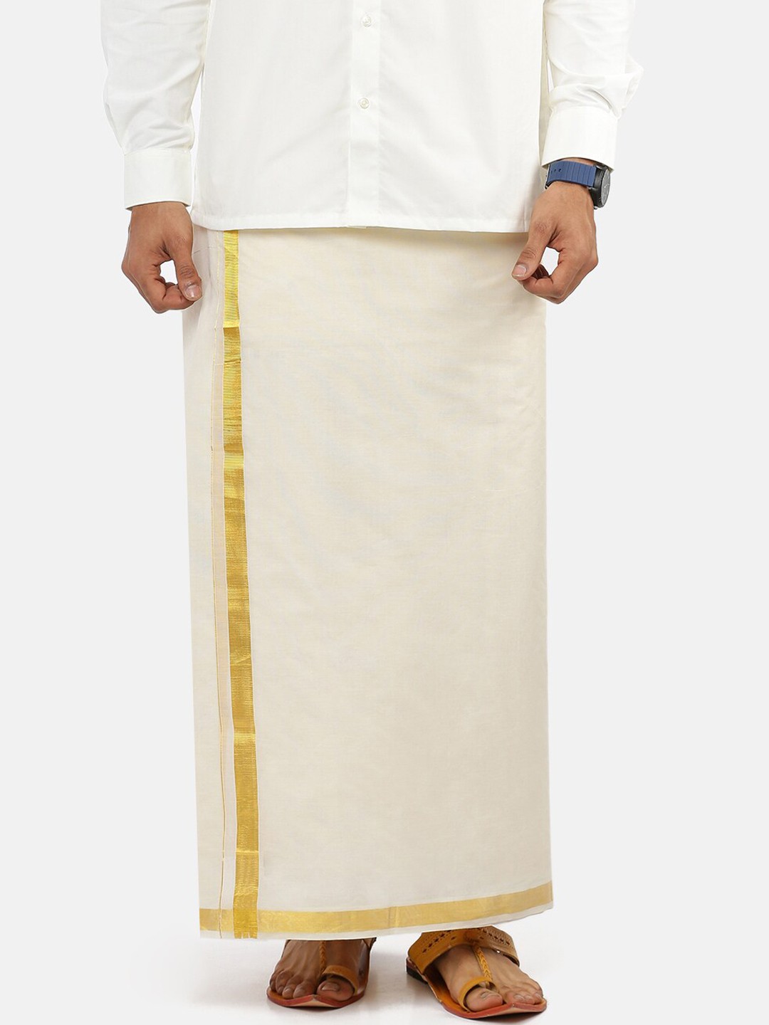 

Ramraj Men Cream Solid & Golden Border Pure Cotton Dhoti