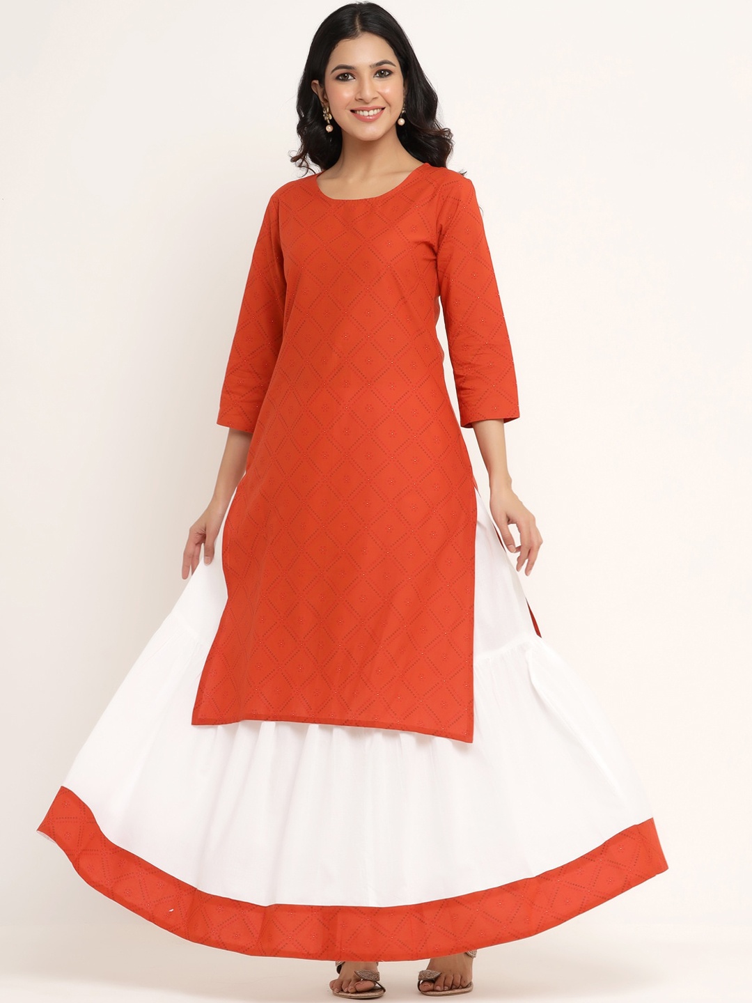 

Aprique FAB Women Orange Bandhani Printed Pure Cotton Kurta with Skirt