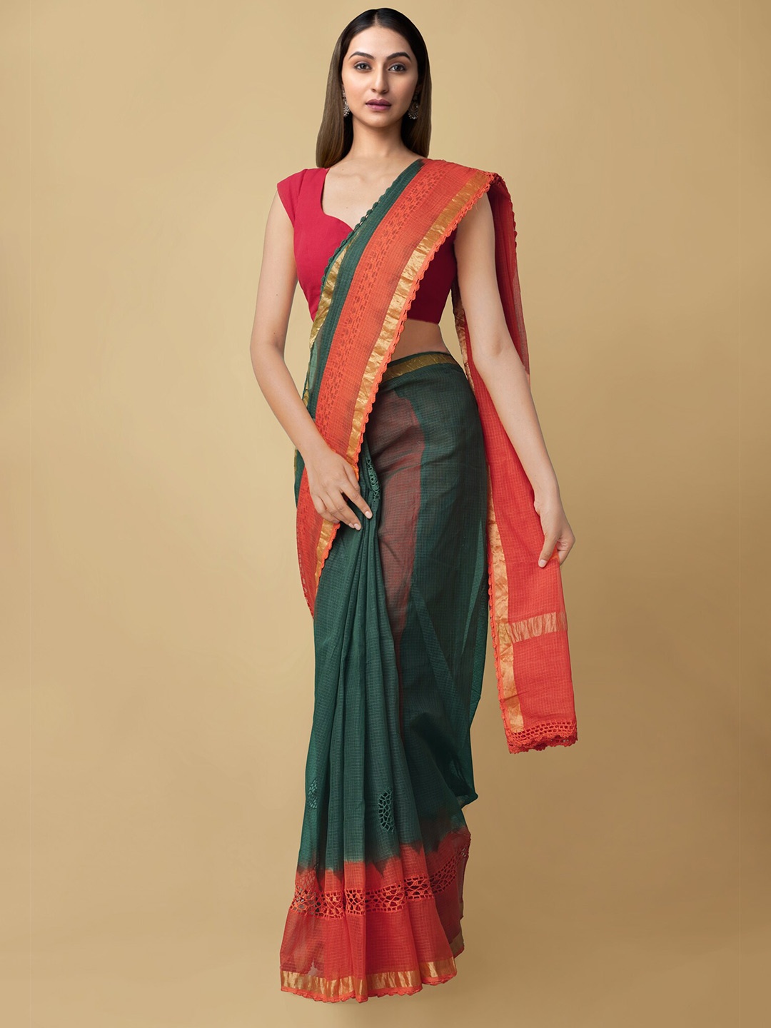 

Unnati Silks Green & Orange Colourblocked Embroidered Pure Cotton Kota Saree