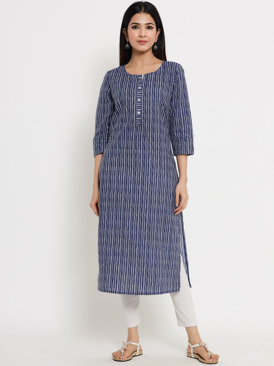 

Sangria Women Blue Striped Printed Straight Cotton Kurta