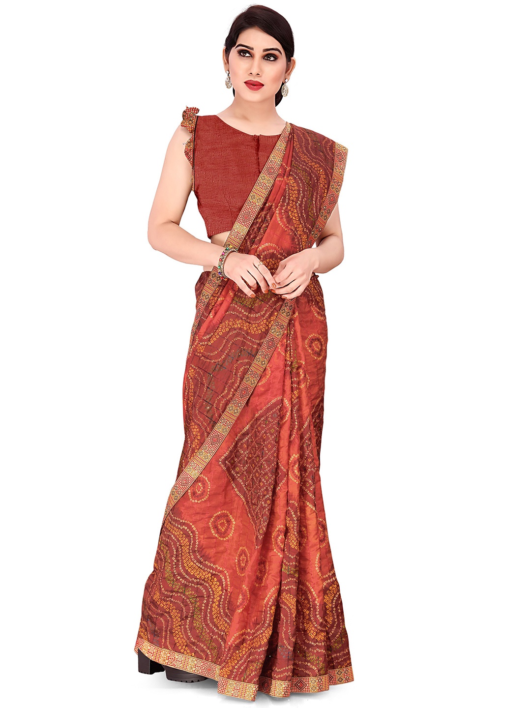 

MIRCHI FASHION Red & Yellow Printed Bandhani Saree