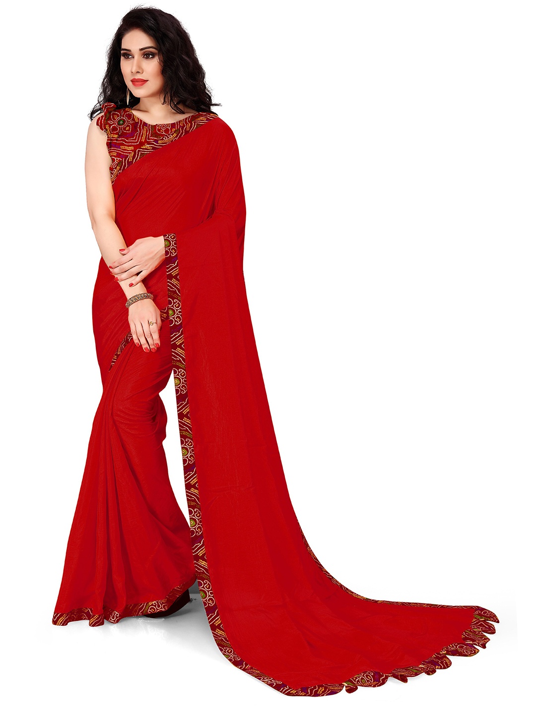 

KALINI Red Solid Bandhani Saree