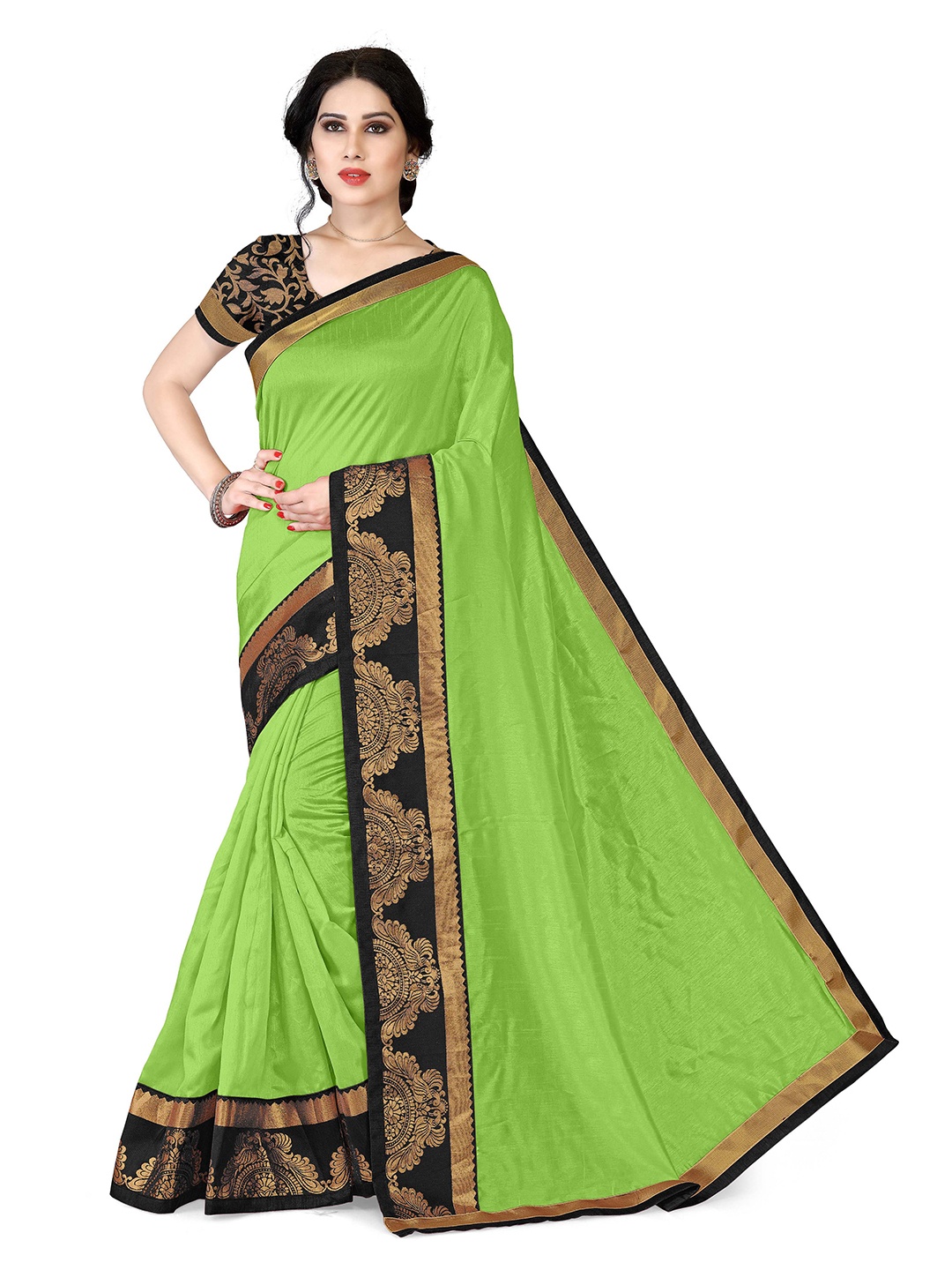 

KALINI Lime Green & Black Solid Saree