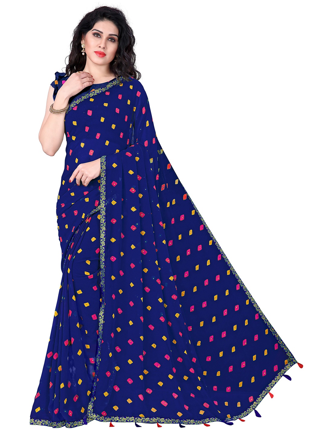 

KALINI Blue & Pink Printed Bandhani Saree