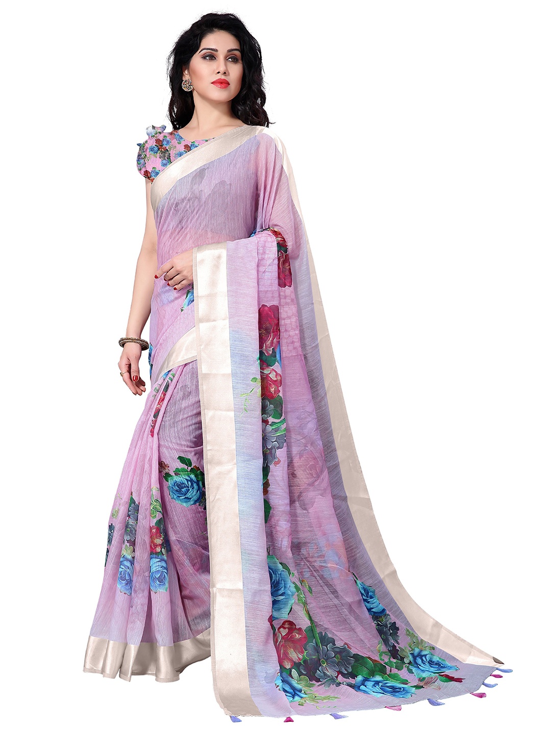 

MIRCHI FASHION Pink & Blue Floral Print Bagh Saree