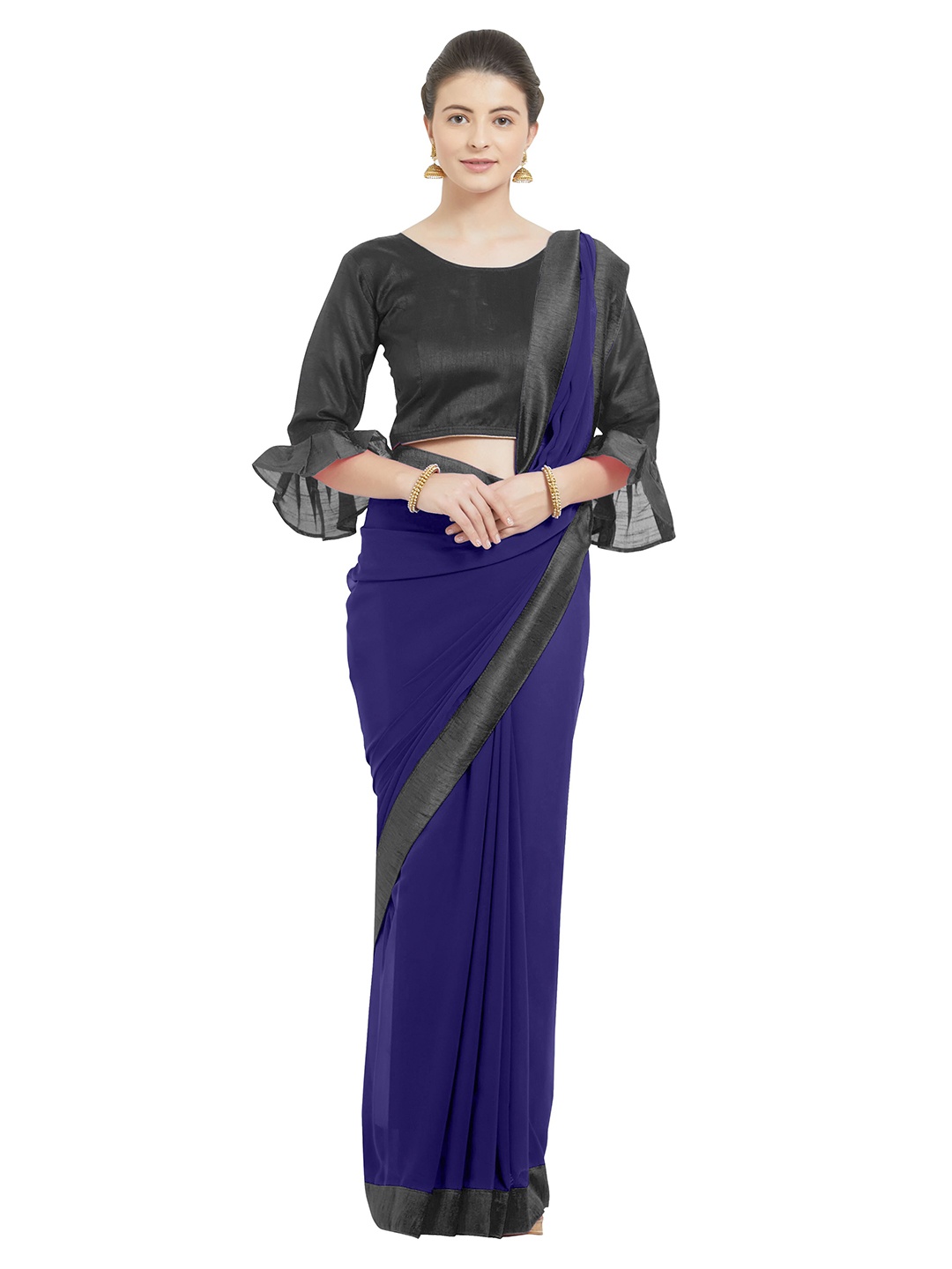 

KALINI Blue & Charcoal Grey Solid Saree