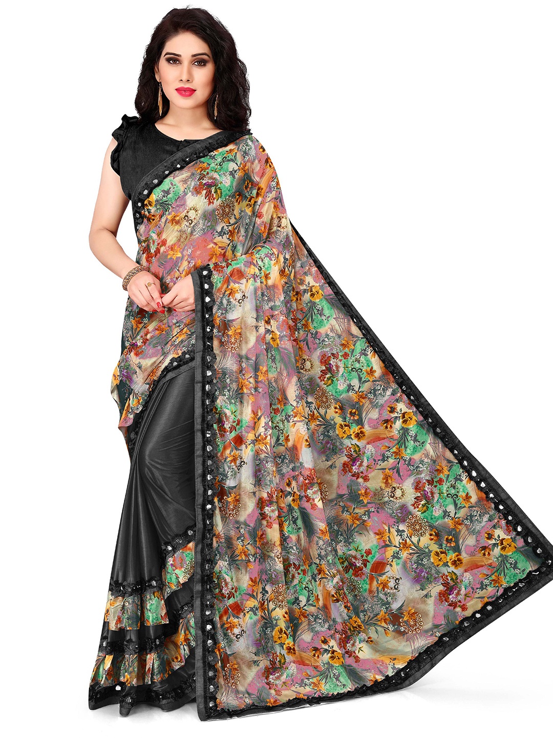 

KALINI Black & Pink Floral Bagh Saree