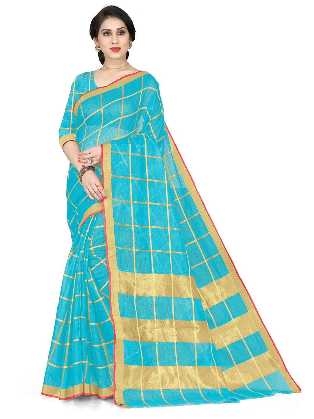 

KALINI Turquoise Blue & Gold-Toned Checked Saree