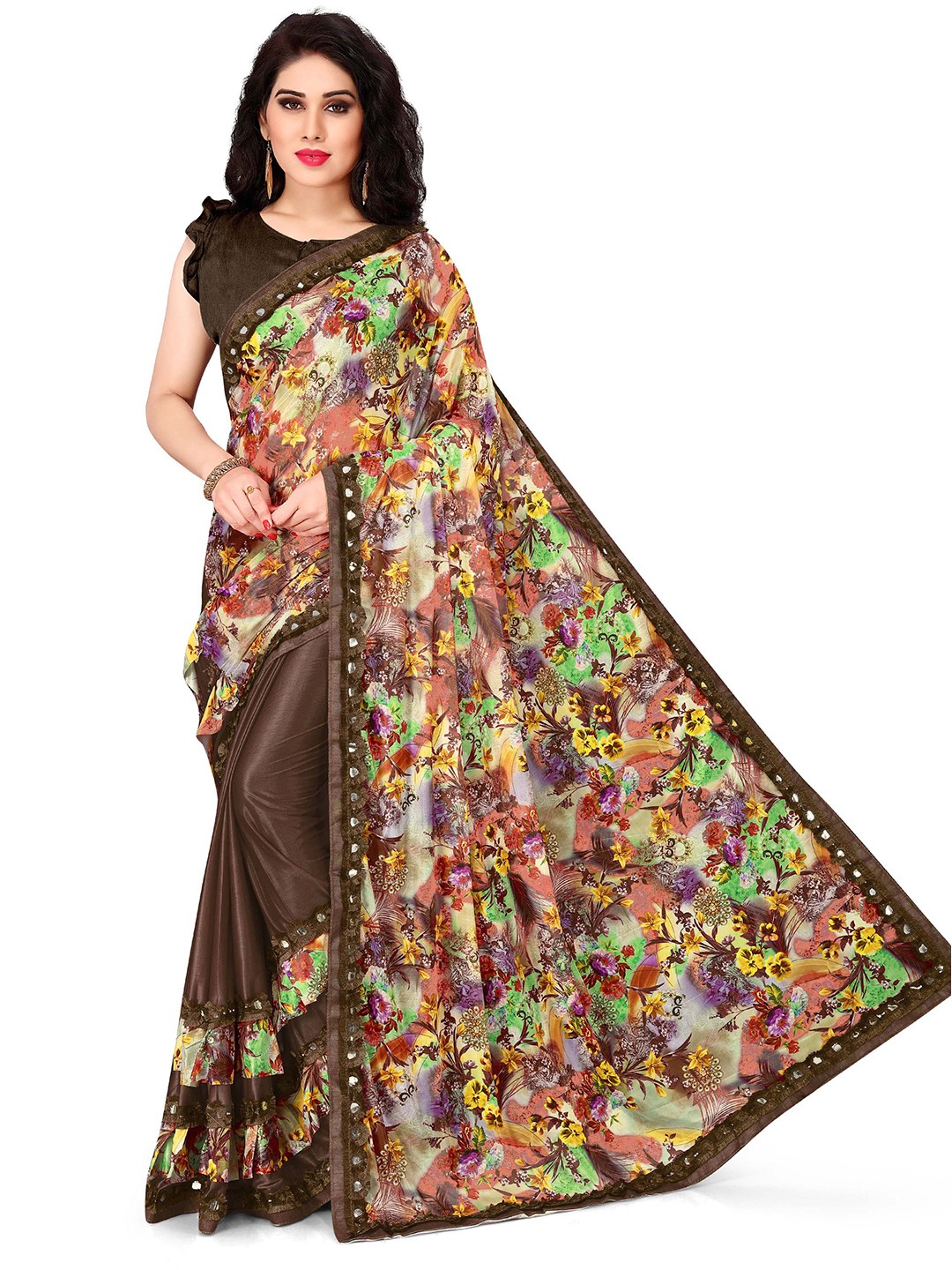 

KALINI Brown & Green Floral Bagh Saree