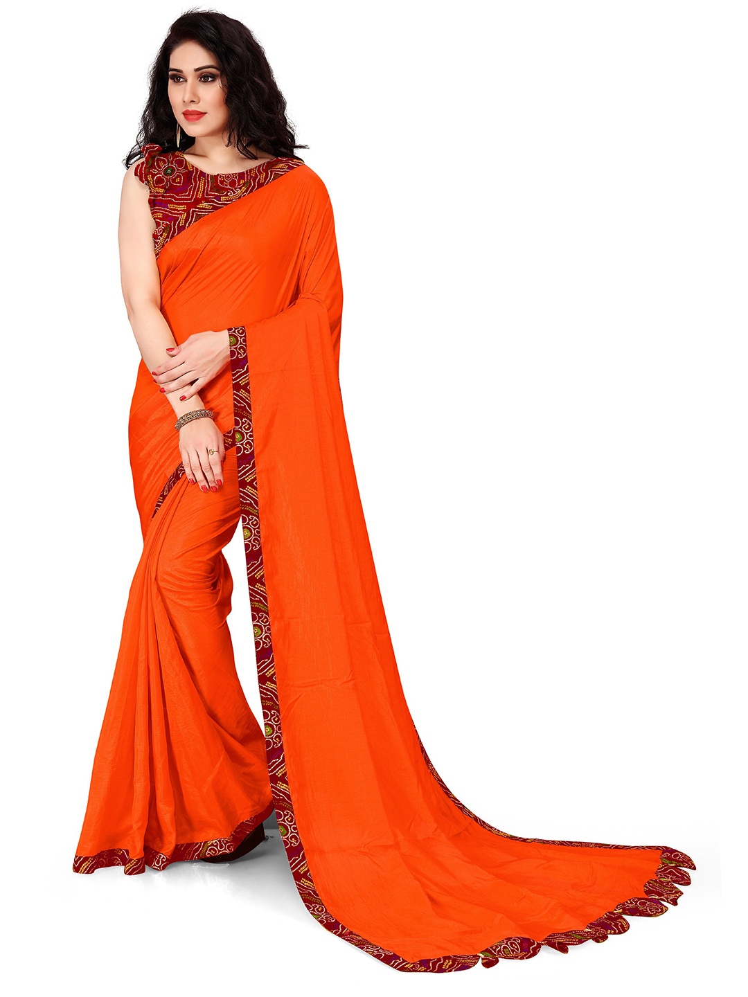 

KALINI Orange & Maroon Silk Blend Bandhani Saree