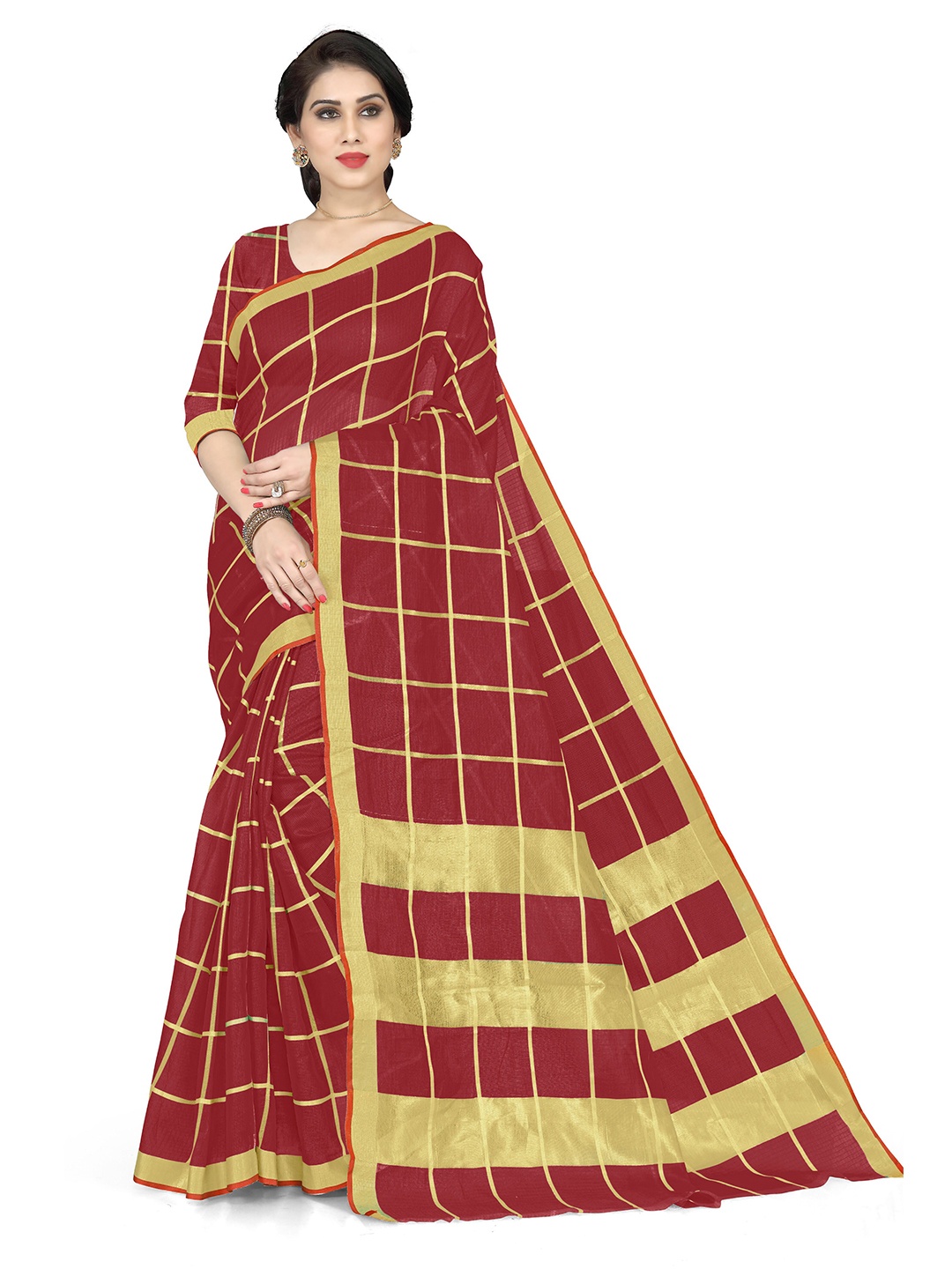 

KALINI Maroon & Gold-Toned Checked Saree