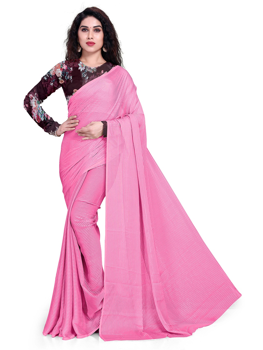 

Mirchi Fashion Pink & Burgundy Striped Poly Georgette Zari Saree