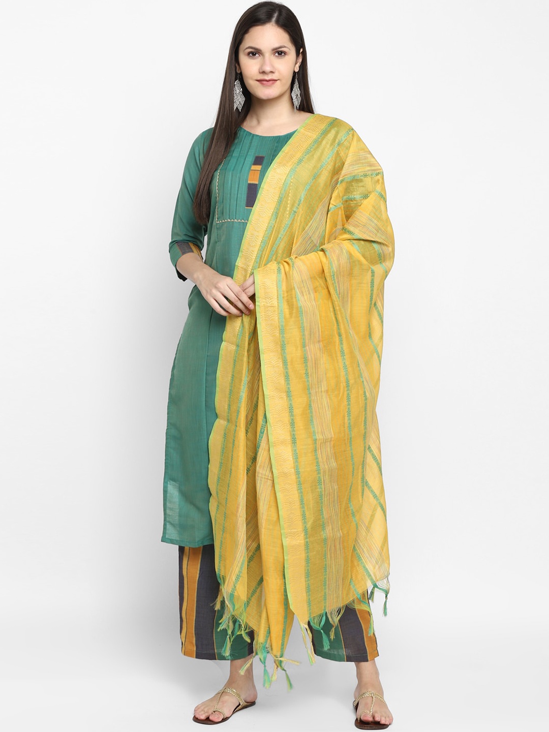 

VAABA Women Teal Green & Yellow Solid Kurta with Striped Palazzos & Dupatta