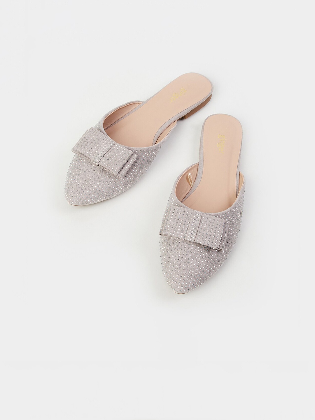 

Ginger by Lifestyle Women Grey & Silver-Toned Embellished Bow Detail Mules