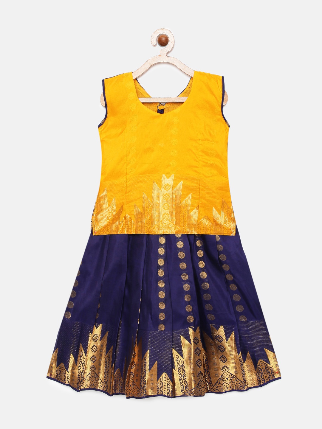 

Kanakadara Girls Yellow & Blue Ethnic Print Puresilk Pavadai Set