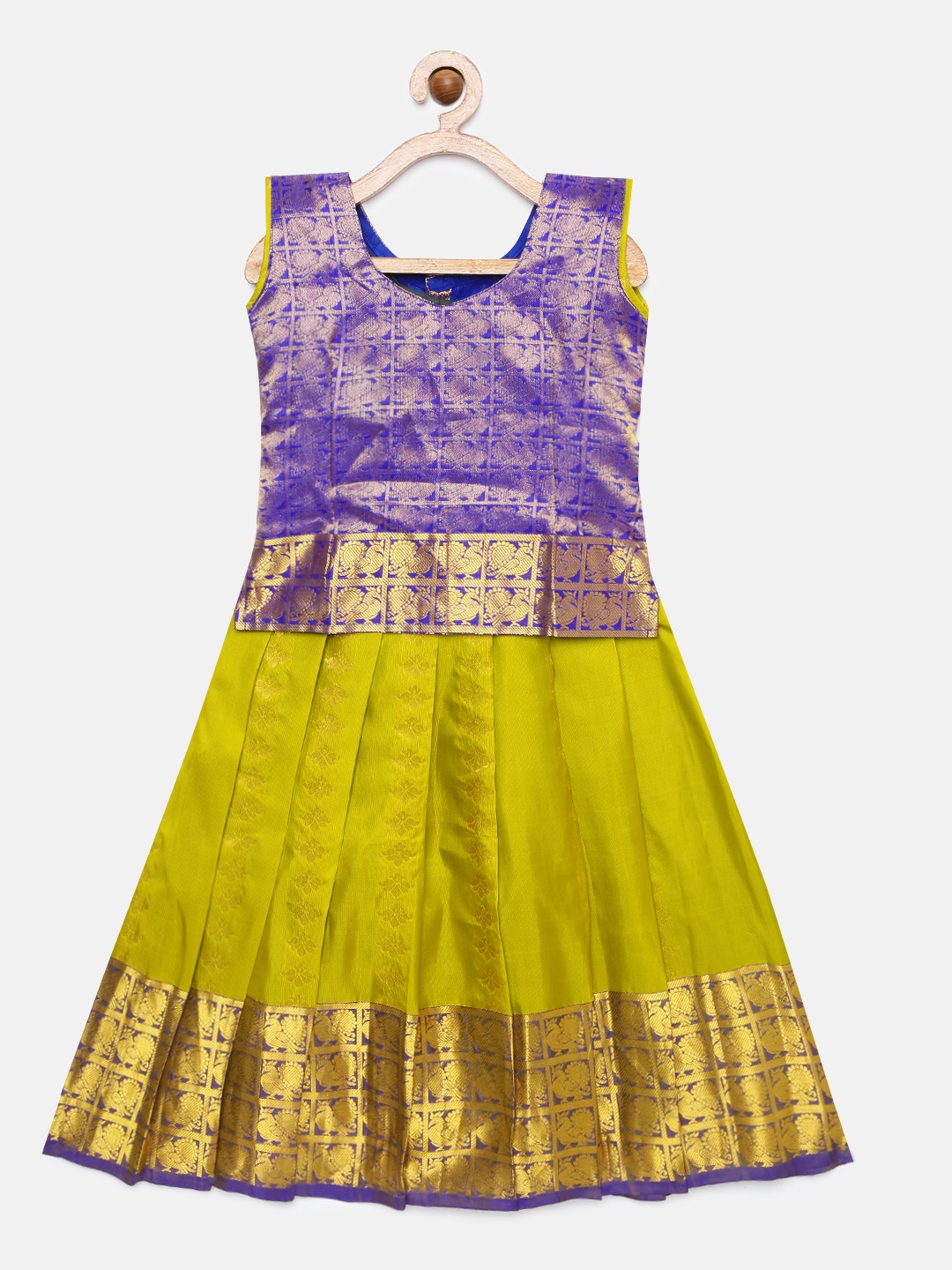 

Kanakadara Girls Blue & Green Ethnic Print Puresilk Pavadai Set