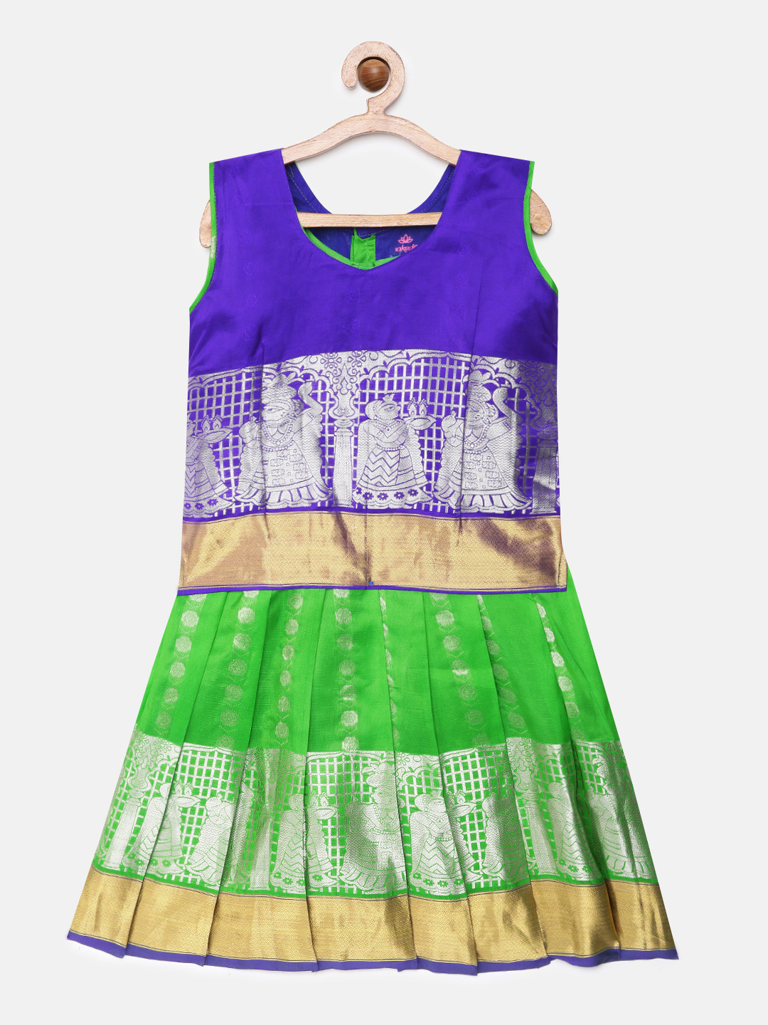 

Kanakadara Girls Blue & Green Self Design Pure Silk Pattu Pavadai
