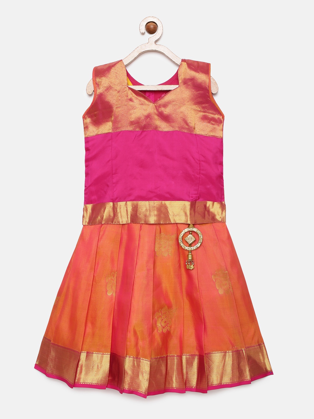 

Kanakadara Girls Pink & Orange Self Design Pure Silk Pattu Pavadai with Embellishment