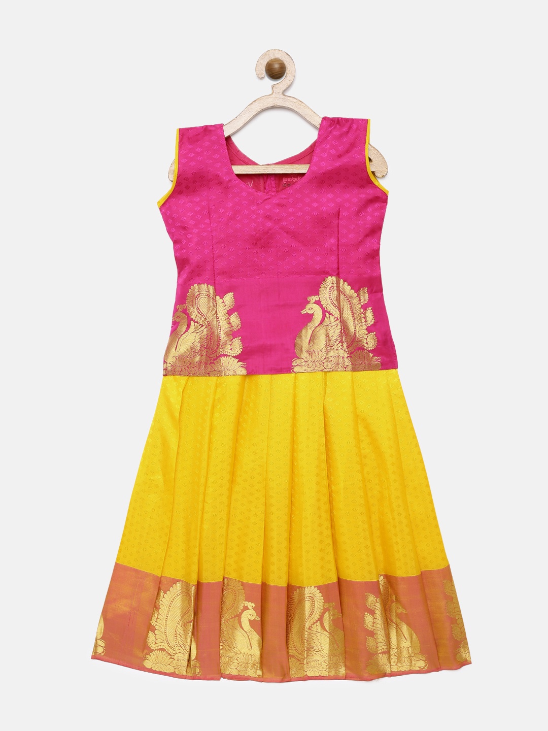 

Kanakadara Girls Pink & Yellow Woven Design Ready to Wear Pavadai Set