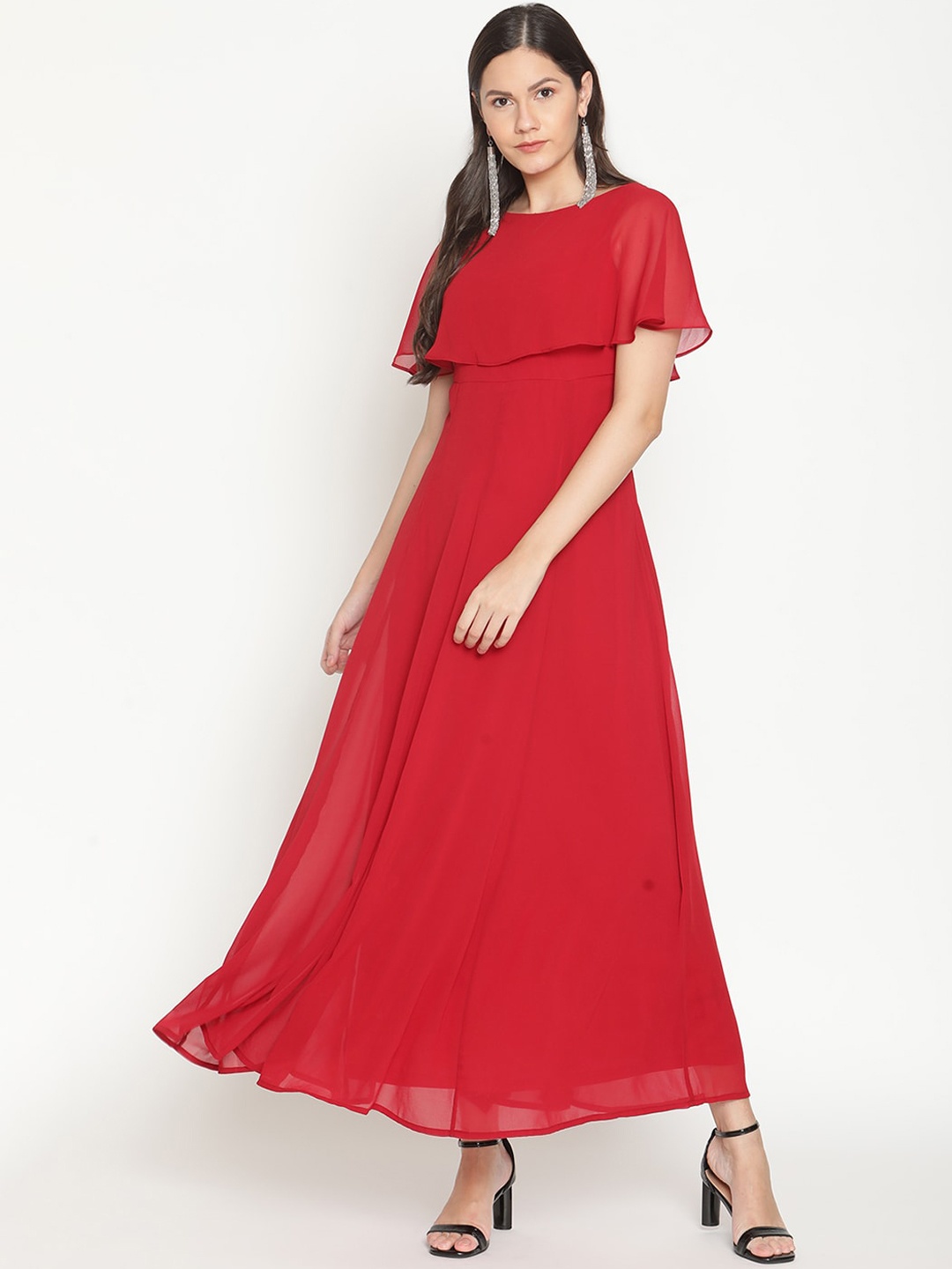 

THREAD MUSTER Women Red Solid Georgette Maxi Dress