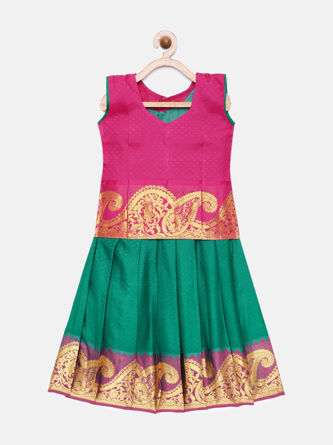 

Kanakadara Girls Pink & Green Woven Design Ready to Wear Pavadai Set