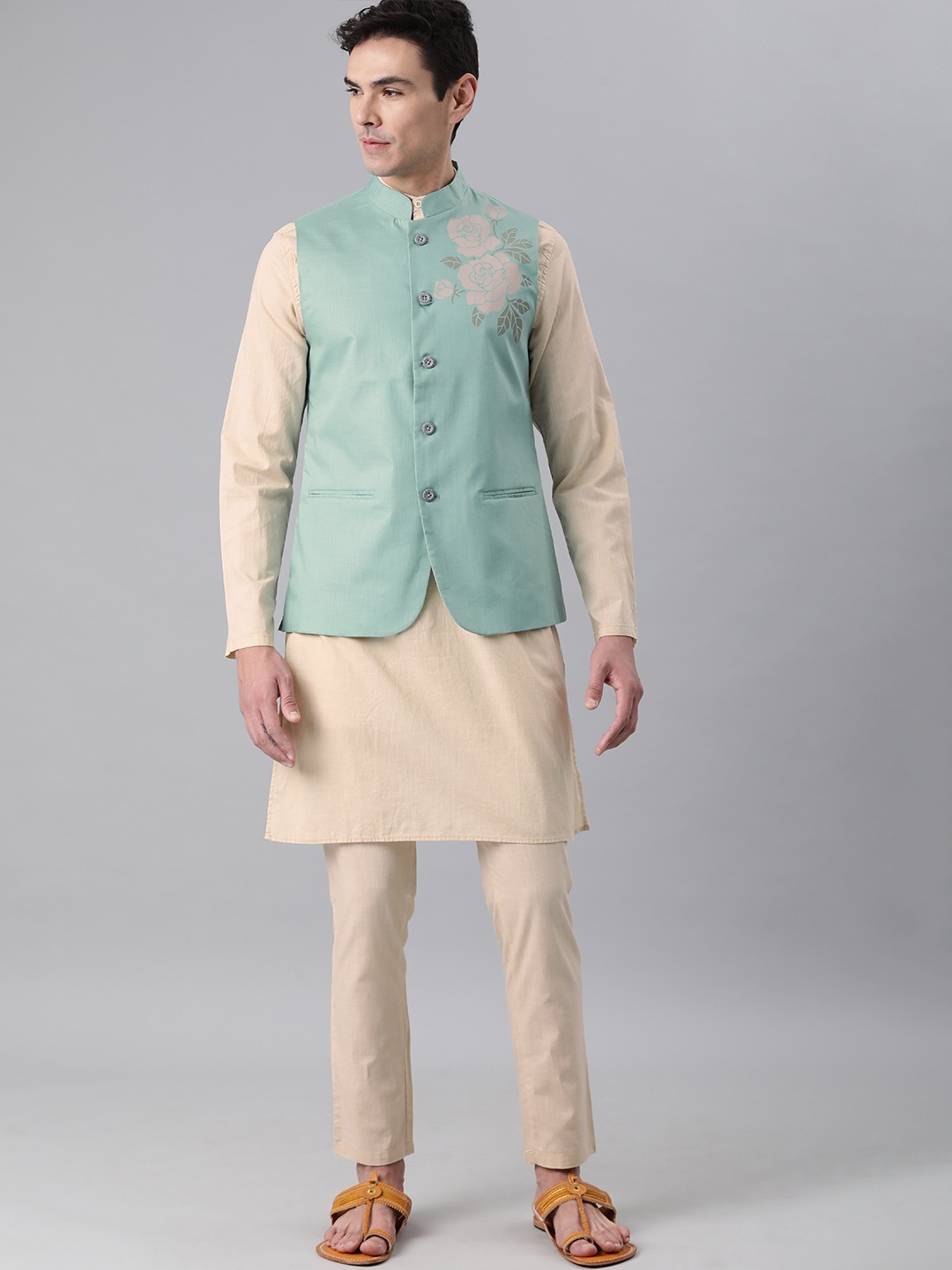 

Freehand Men Beige & Green Pure Cotton Kurta Set With Nehru Jacket