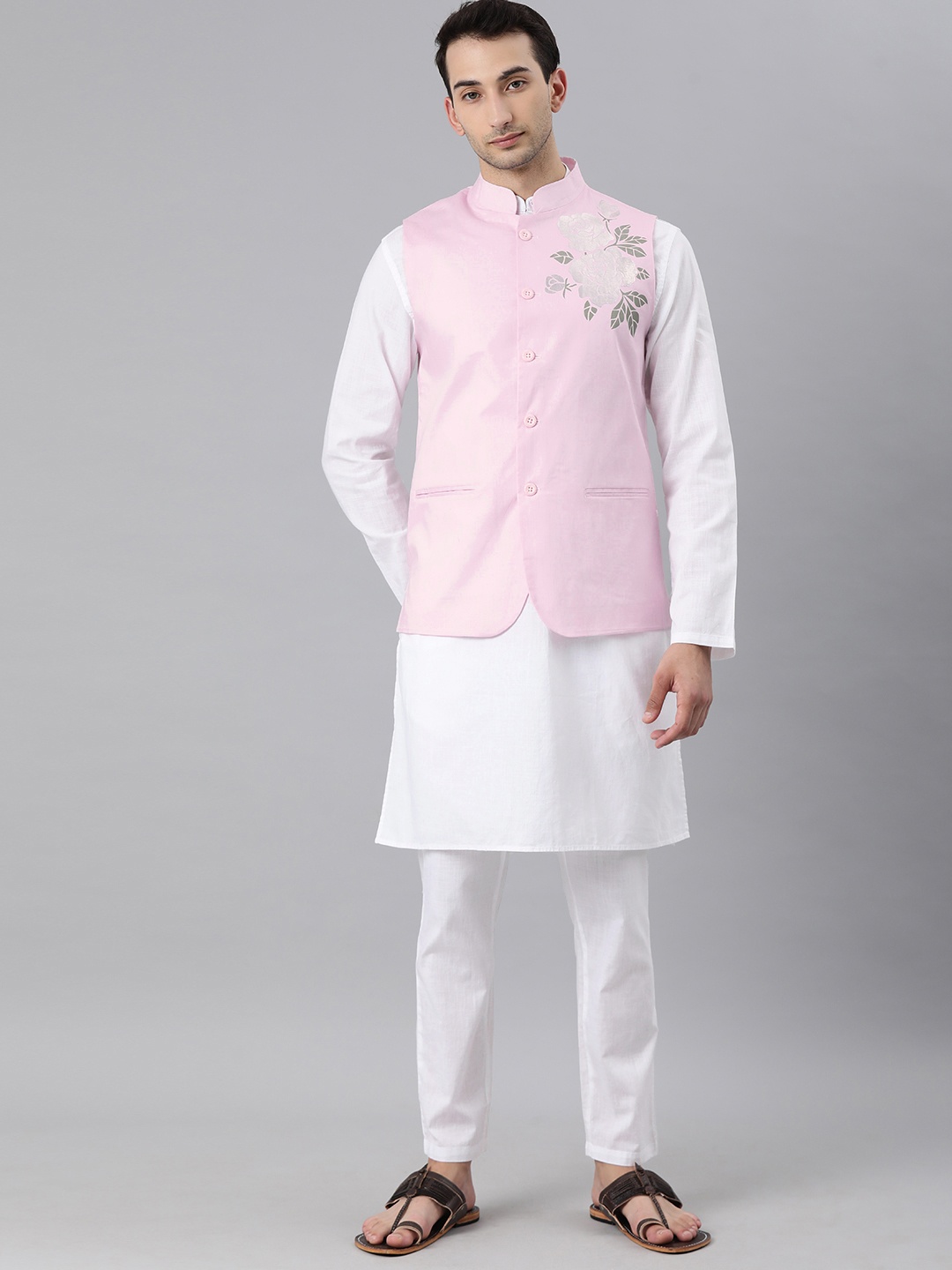 

Freehand Men White & Pink Pure Cotton Kurta Set With Nehru Jacket