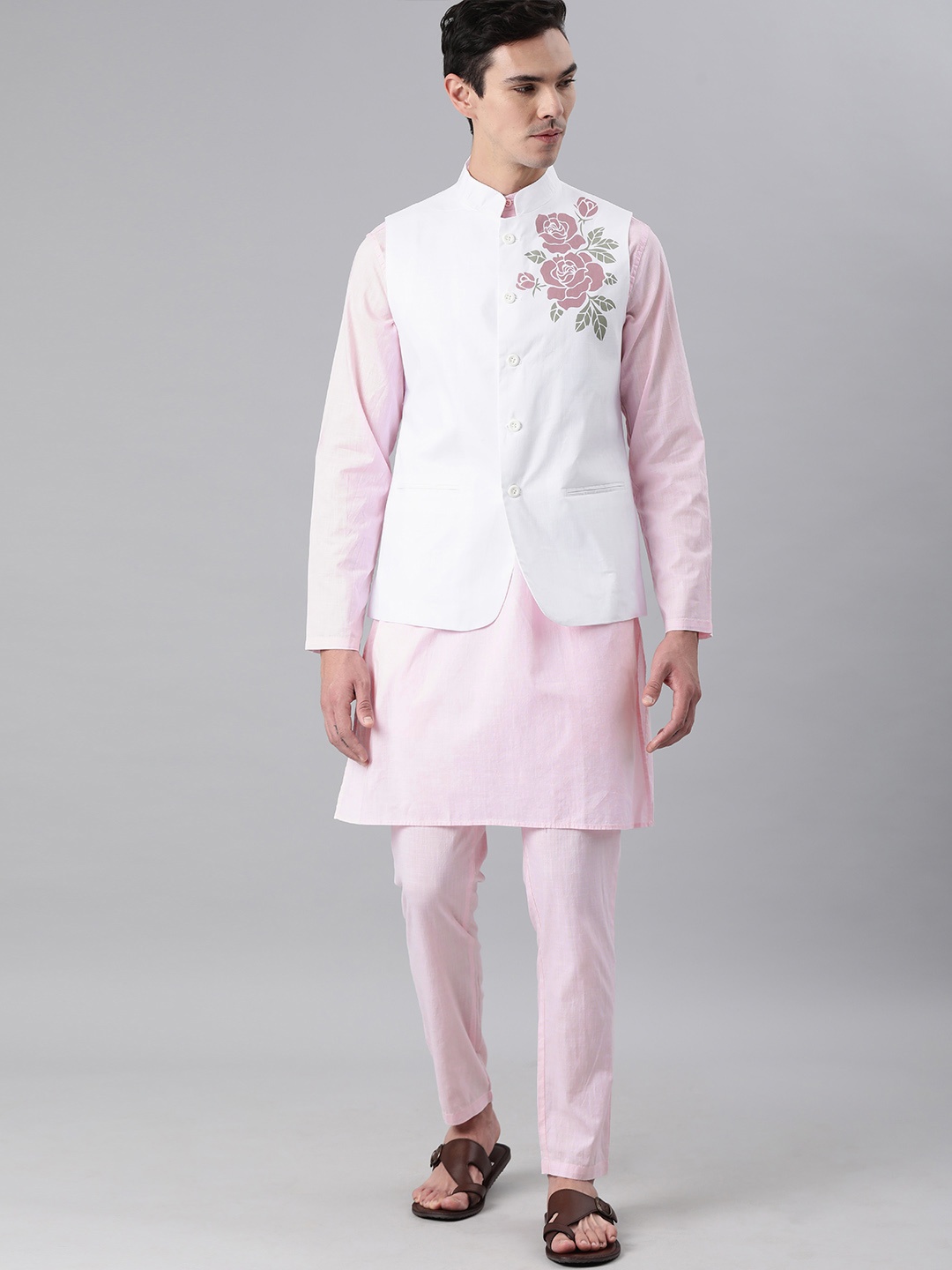 

Freehand Men Pink & White Pure Cotton Kurta Set With Nehru Jacket