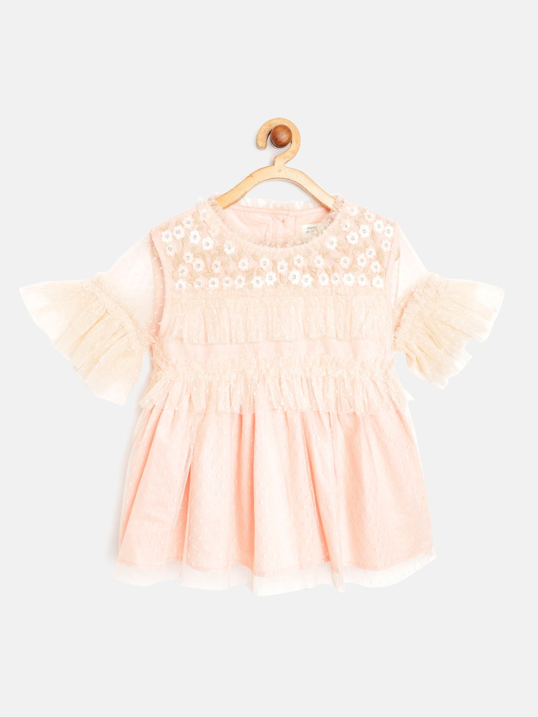 

Cherry Crumble Girls Peach-Coloured Pure Cotton Net Self Design Bell Sleeves A-Line Top