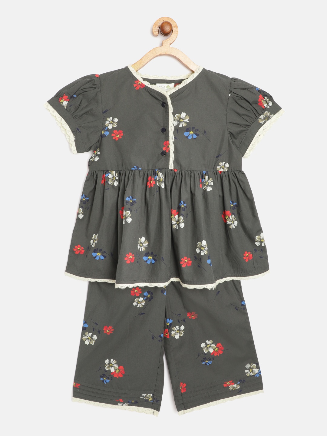 

Cherry Crumble Girls Olive Green & Red Floral Print Cotton Pyjama Set