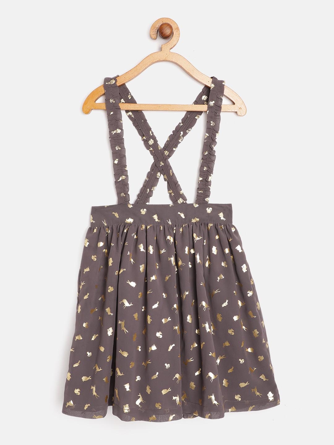 

Cherry Crumble Girls Taupe & Golden Printed Pinafore Dress