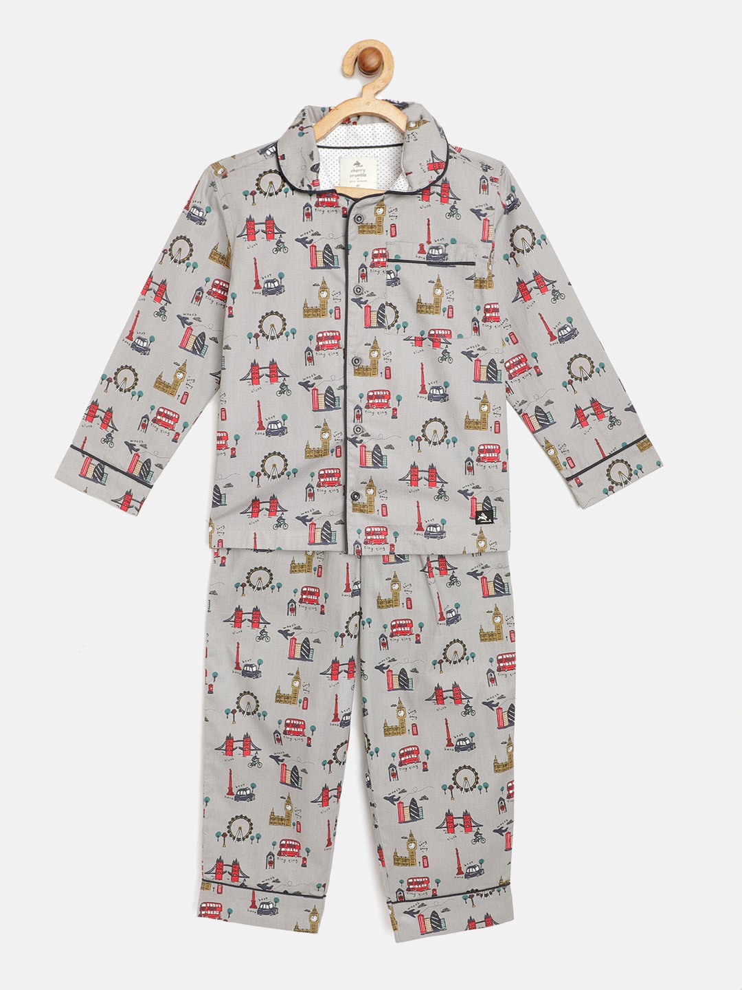 

Cherry Crumble Kids Grey & Red Pure Cotton Printed Pyjamas Set