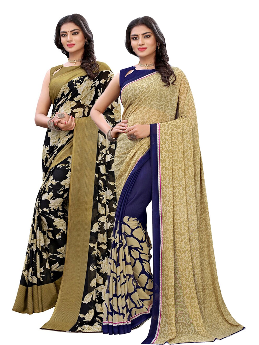 

KALINI Pack of 2 Black & Beige Floral Saree