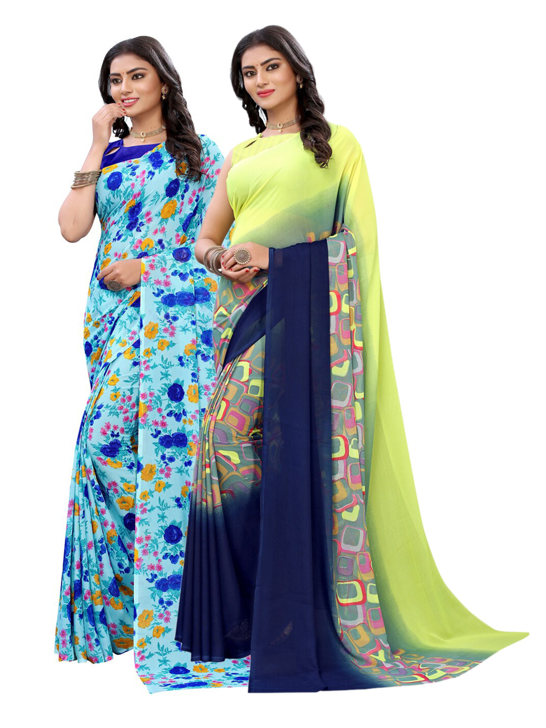 

KALINI Pack of 2 Blue & Yellow Floral Poly Georgette Sarees