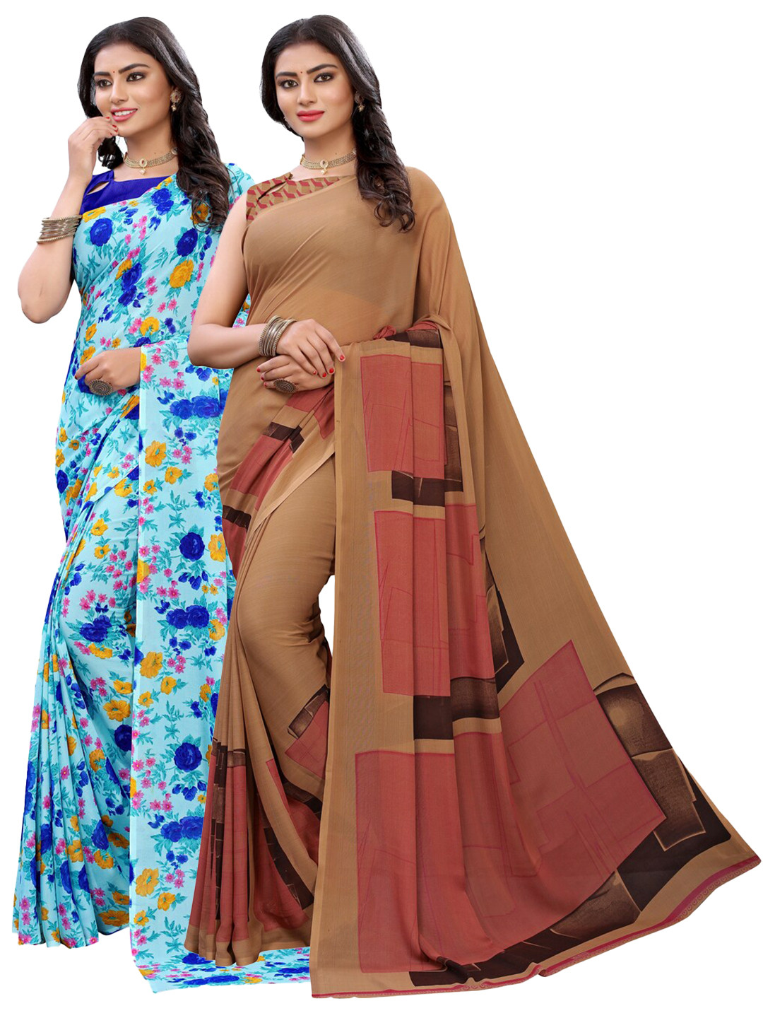 

KALINI Pack of 2 Blue & Beige Saree