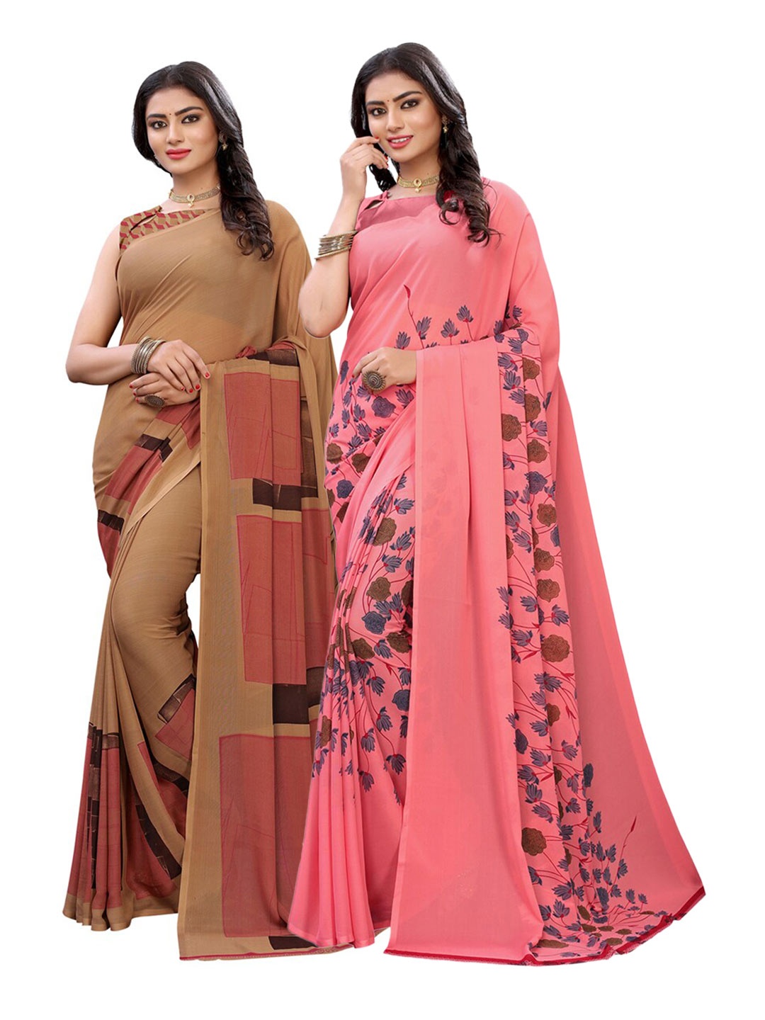 

KALINI Pack of 2 Beige & Peach-Coloured Floral Poly Georgette Sarees