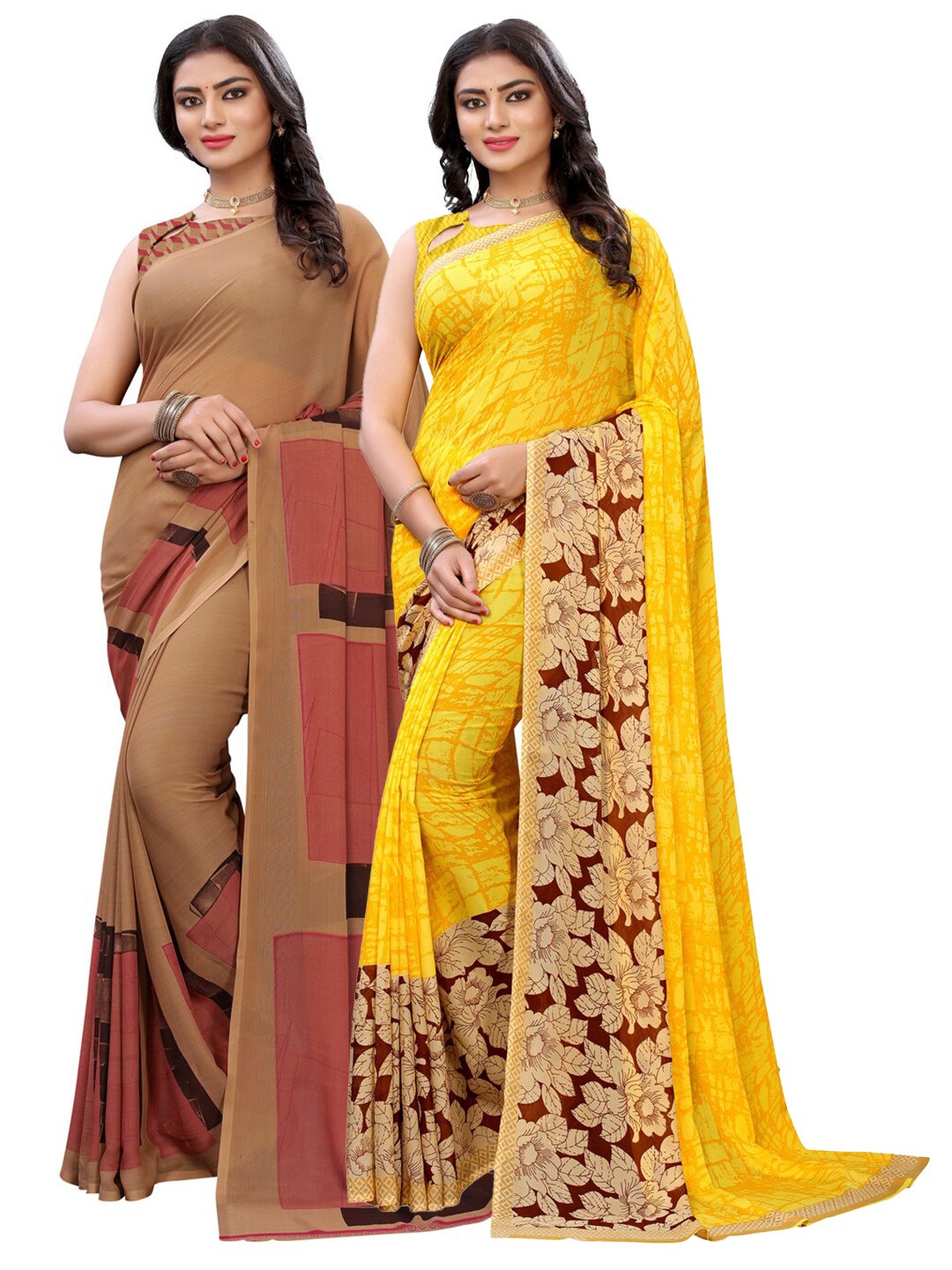 

KALINI Pack of 2 Beige & Yellow Saree