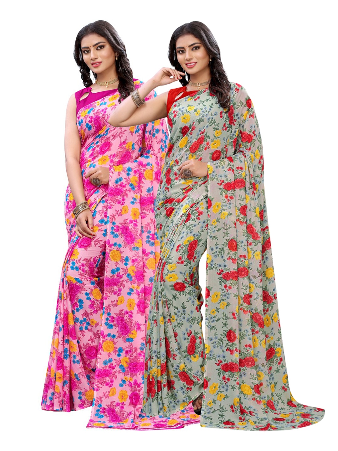 

KALINI Pack of 2 Pink & Green Floral Saree
