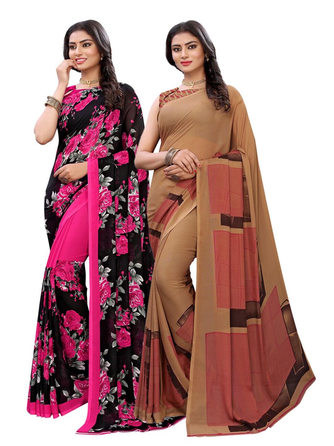 

KALINI Pack of 2 Pink & Beige Floral Saree