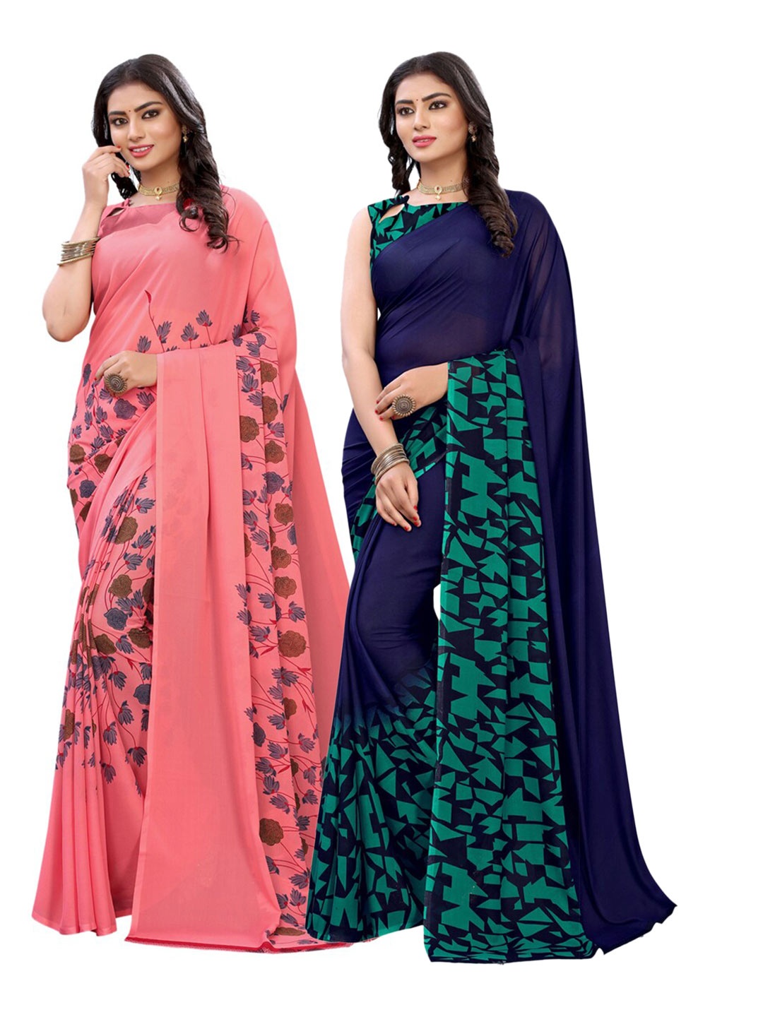 

KALINI Pack of 2 Peach-Coloured & Navy Blue Floral Poly Georgette Sarees