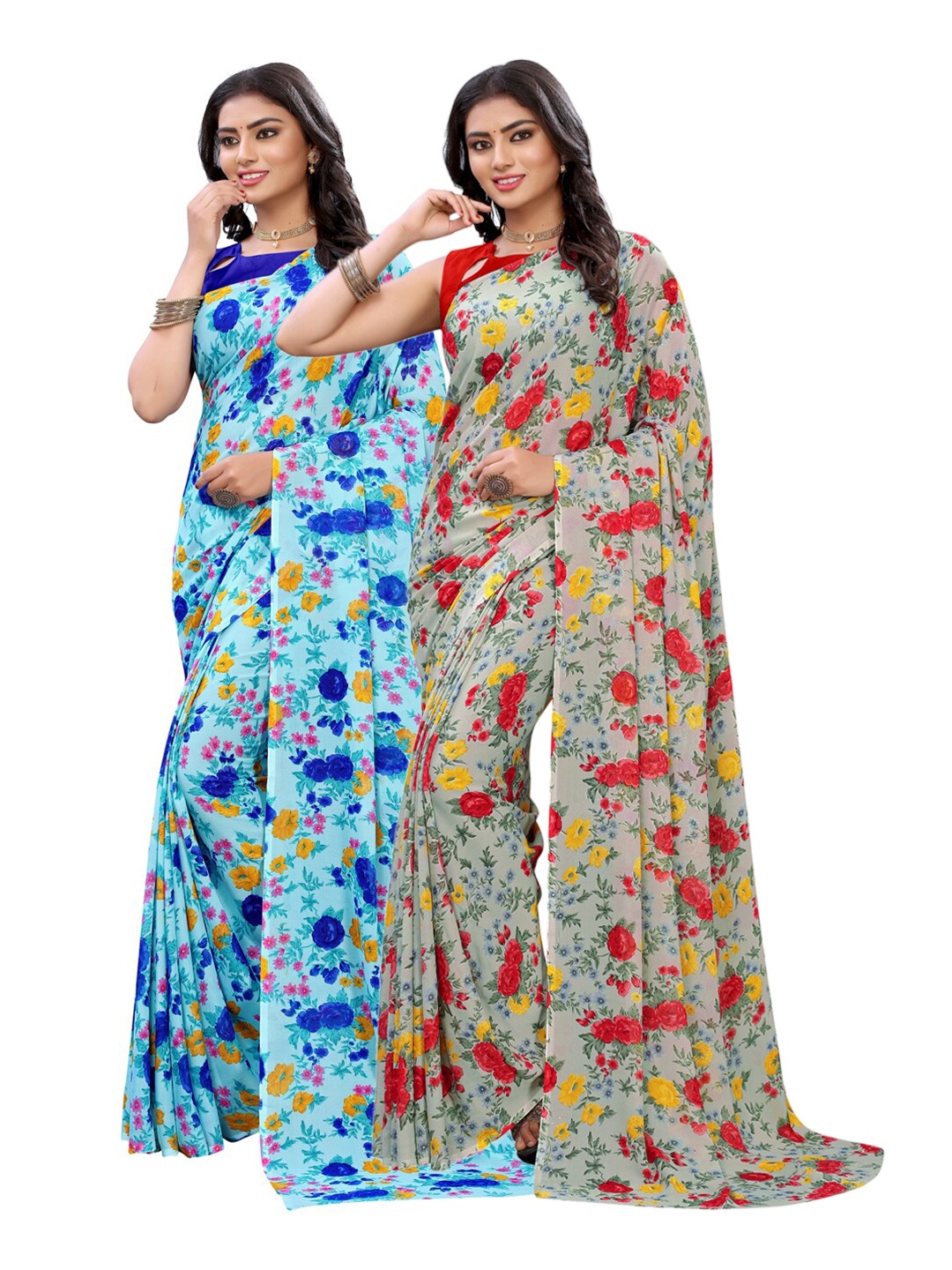 

KALINI Blue & Grey Set of 2 Printed Saree