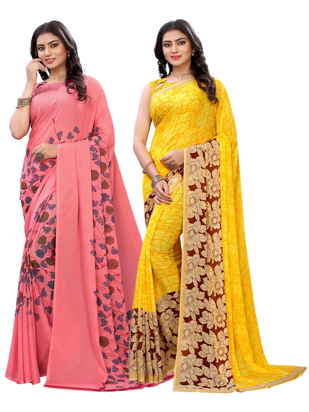 

KALINI Pack of 2 Peach-Coloured & Yellow Floral Saree