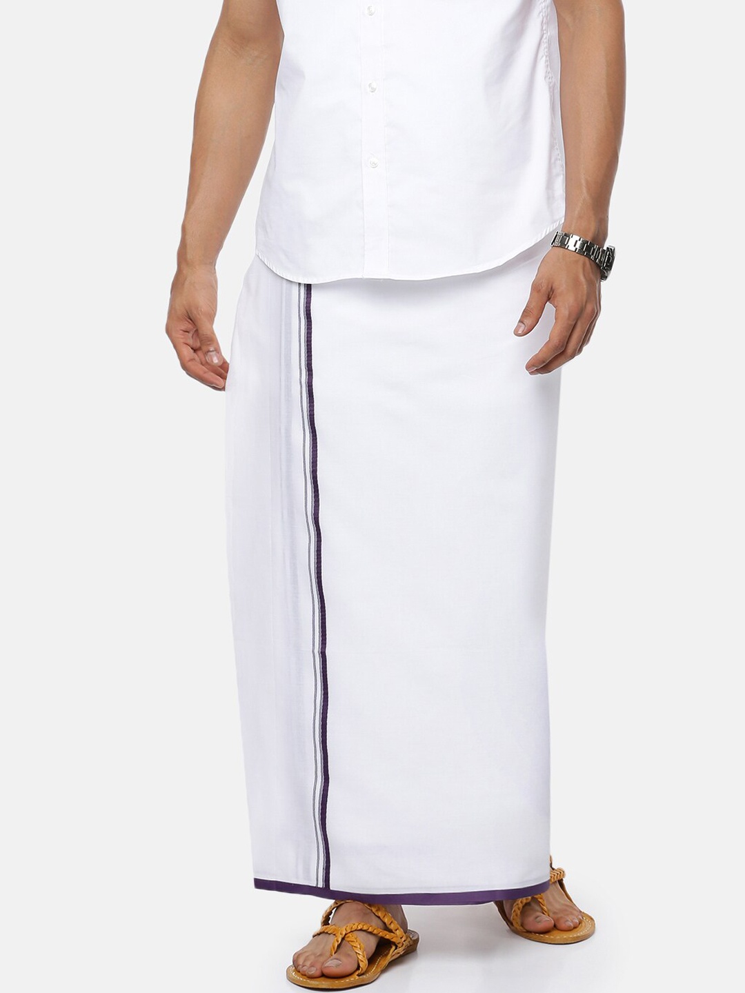 

Ramraj Men Pure Cotton Double layer White Dhoti with navy blue border