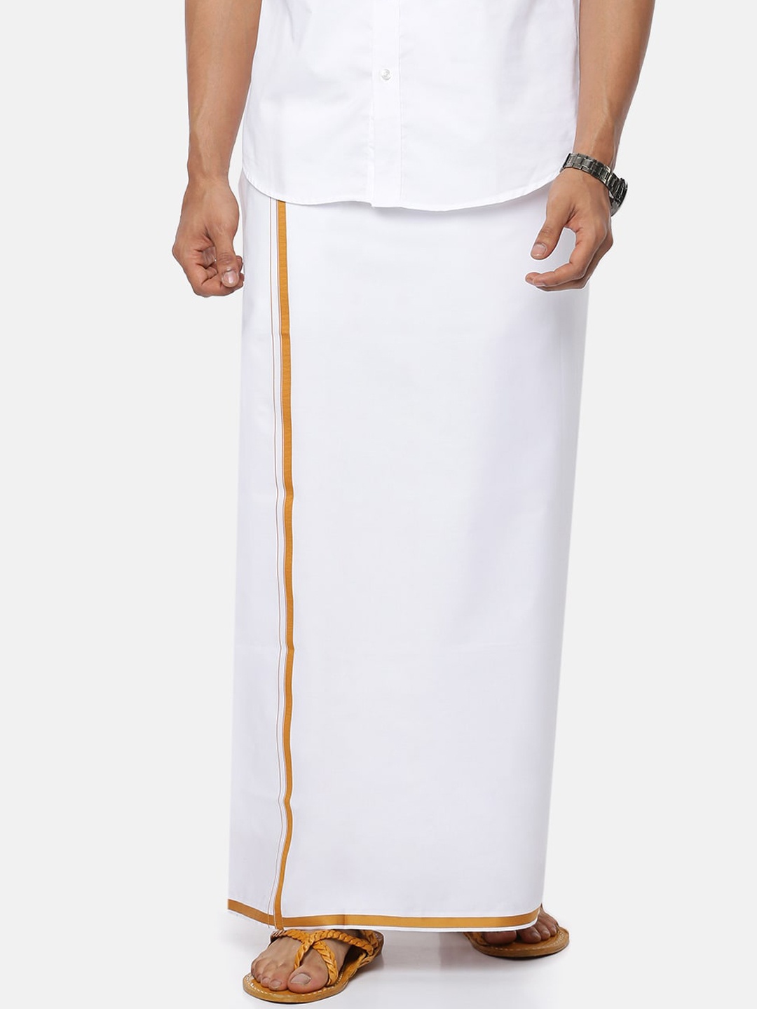 

Ramraj Men White Pure Cotton Gold Zari Border Dhoti