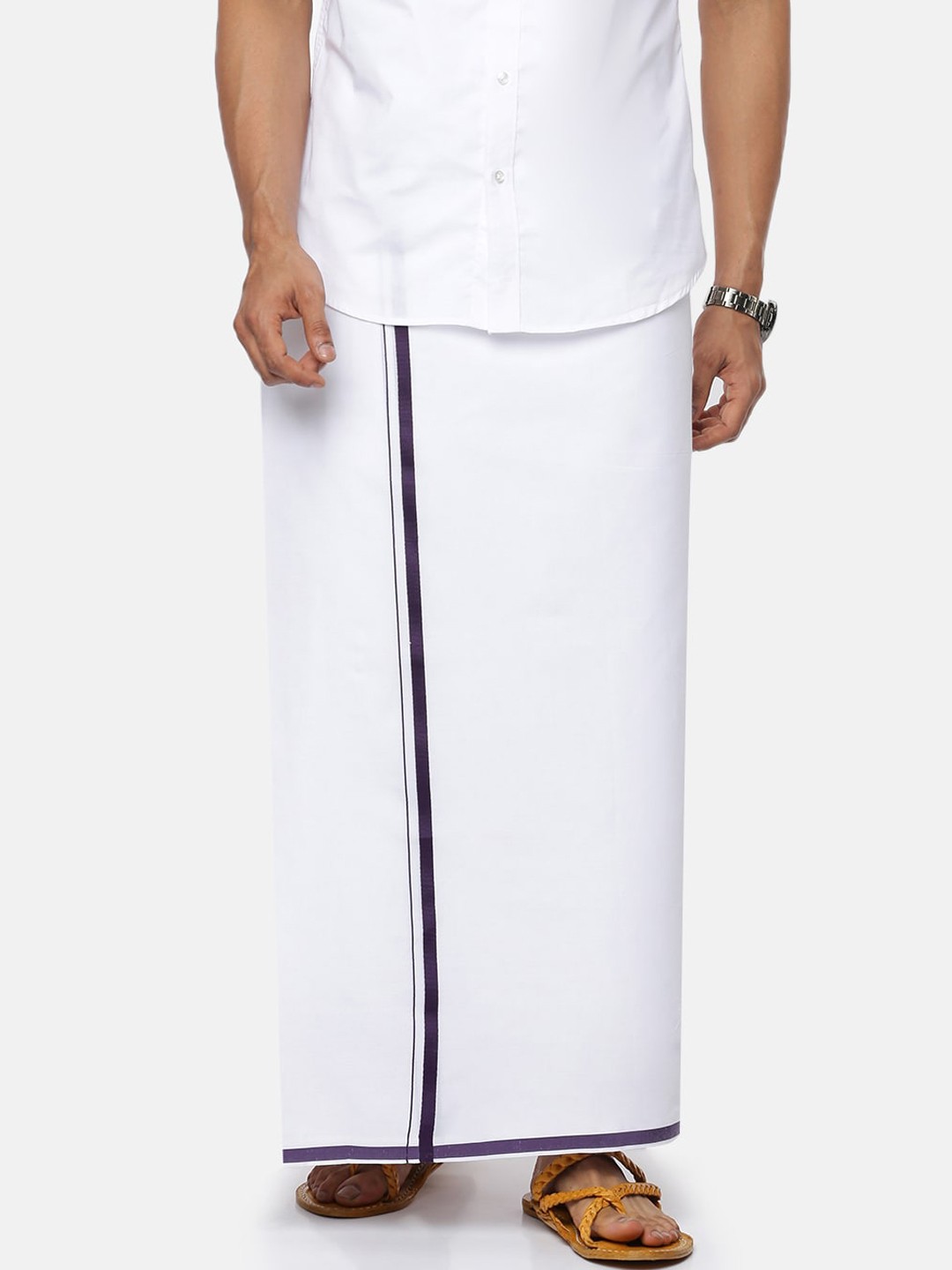 

Ramraj Men Pure Cotton Double layer White Dhoti with navy blue border