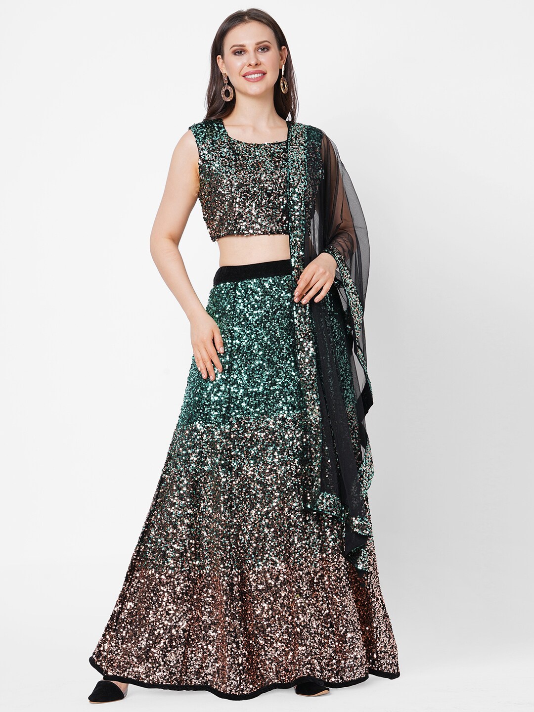 

RedRound Green & Gold-Toned Embellished Sequinned Semi-Stitched Lehenga & Unstitched Blouse With Dupatta